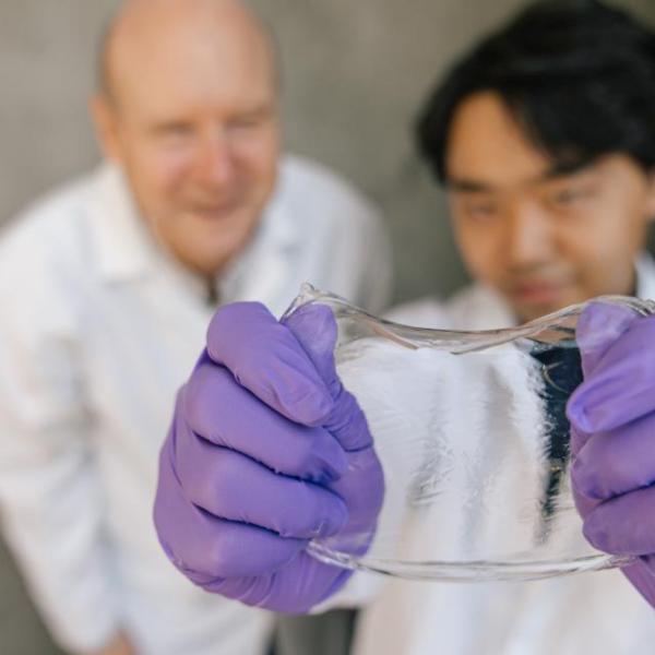 person showing a hydrogel ionic smart skin to camera