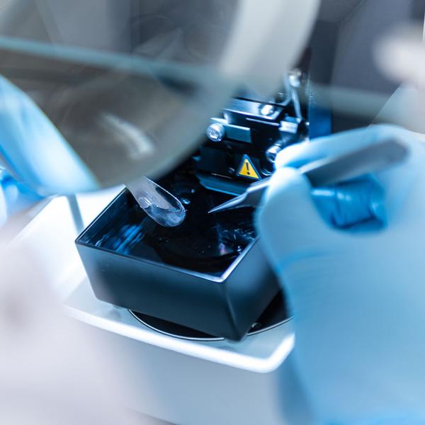 blue gloved hands manipulating a material under a microscope in a lab environment