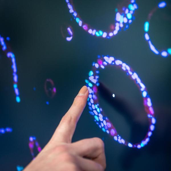 Finger pointing to part of digital image on a screen