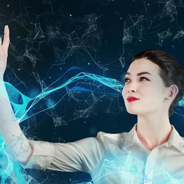 Person navigating VR environment with brain image